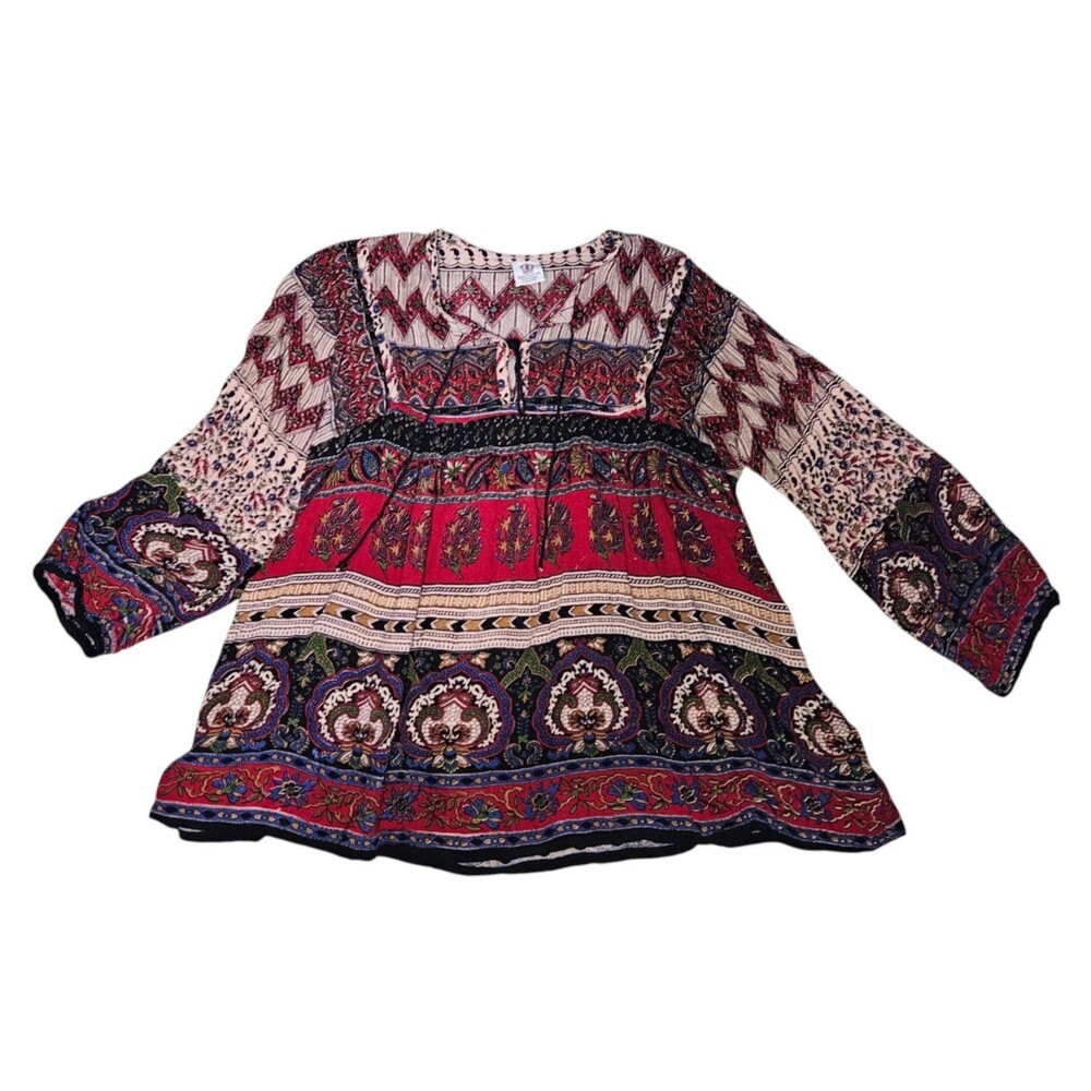 Gypsy Rose Womens S Boho Paisley  Tie Neck Top Balloon Sleeve Flowy Folksy Boho